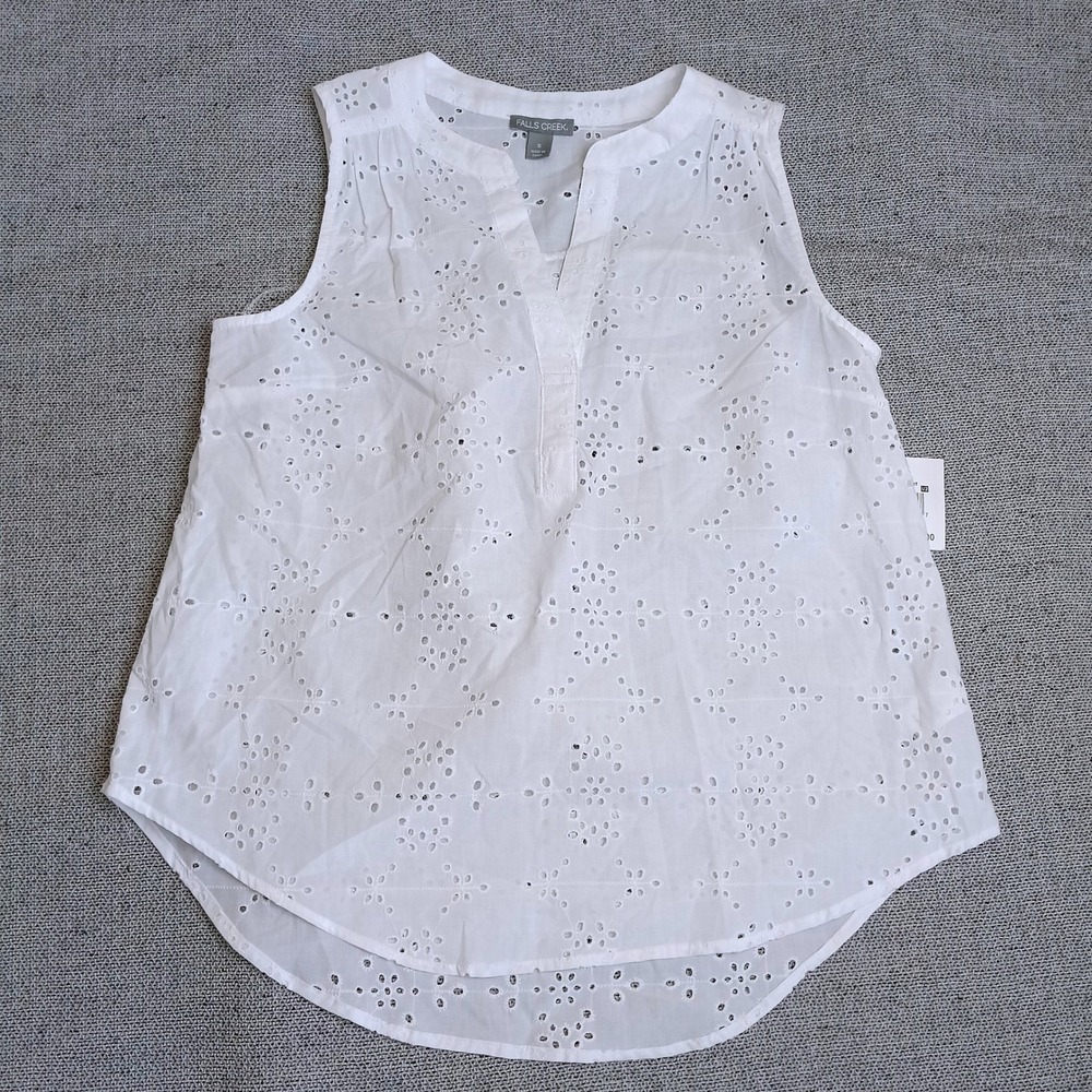Falls Creek Eyelet Top Womens S White NEW Sleeveless Cotton Floral Boho V-Neck